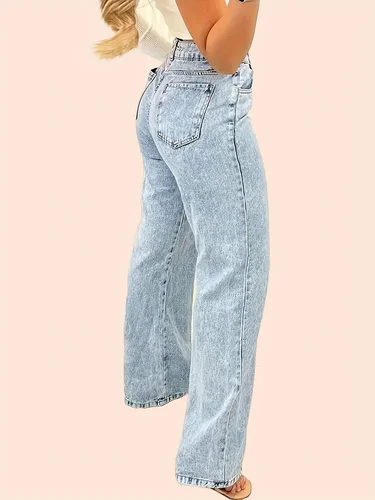 Imagen 2 del producto Pantalones vaqueros de mujer azules lavados con copos de nieve rectos de cintura alta estilo Y2K de otoño 2025 para estilo callejero y aspecto elegante