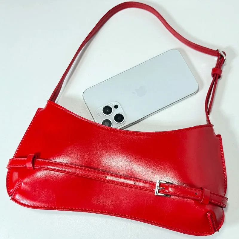 French Red Shoulder Bag 2024 New Advanced Texture Fashion Retro Casual Handbags And Purses Solid Bright Surface Underarm Bags PU