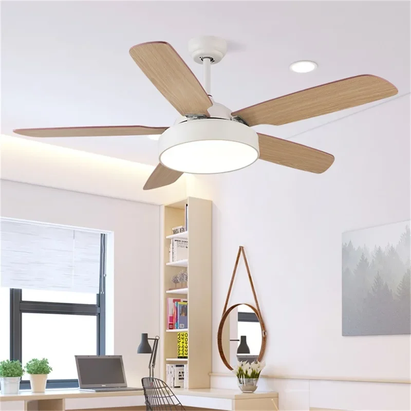 WPD Modern Simple Ceiling Fan Light Remote Control 52" LED Wood Lamp for Home Living Dining Room