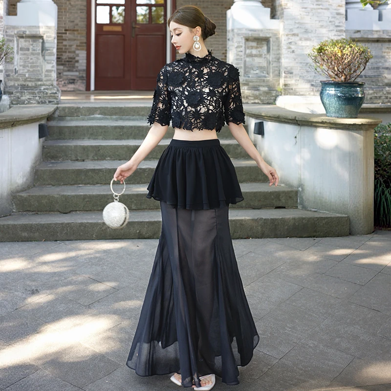 

Thai Style Holiday Fashion Set Lace Fish Tail Skirt Short Top Black Flower Hollow out Design Summer Lightweight Polyester