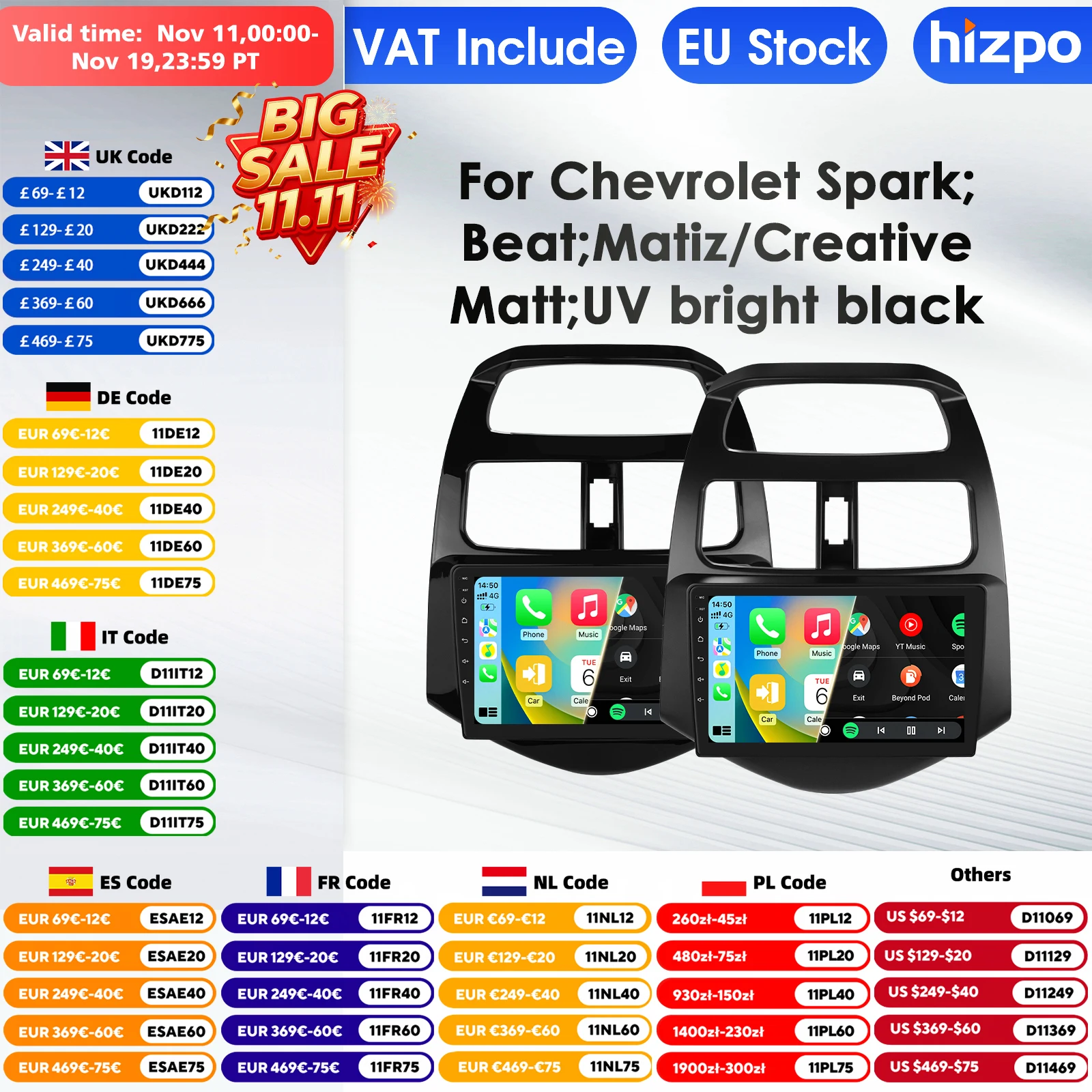 Hizpo 2Din أندرويد 13 مشغل وسائط متعددة للسيارة لسيارة شيفروليه سبارك بيت ماتيز إبداعي 2010-2014 نظام تحديد المواقع Carplay AI شاشة ذكية #1