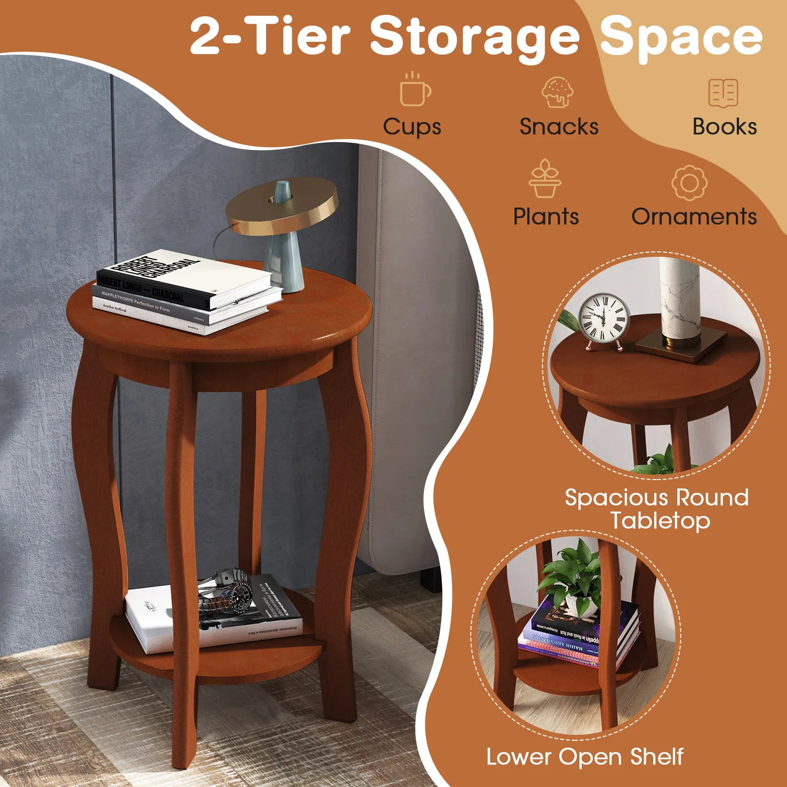 2-Tier Round End Table Narrow Sofa Side Nightstand w/ Storage Shelf & Wood Legs