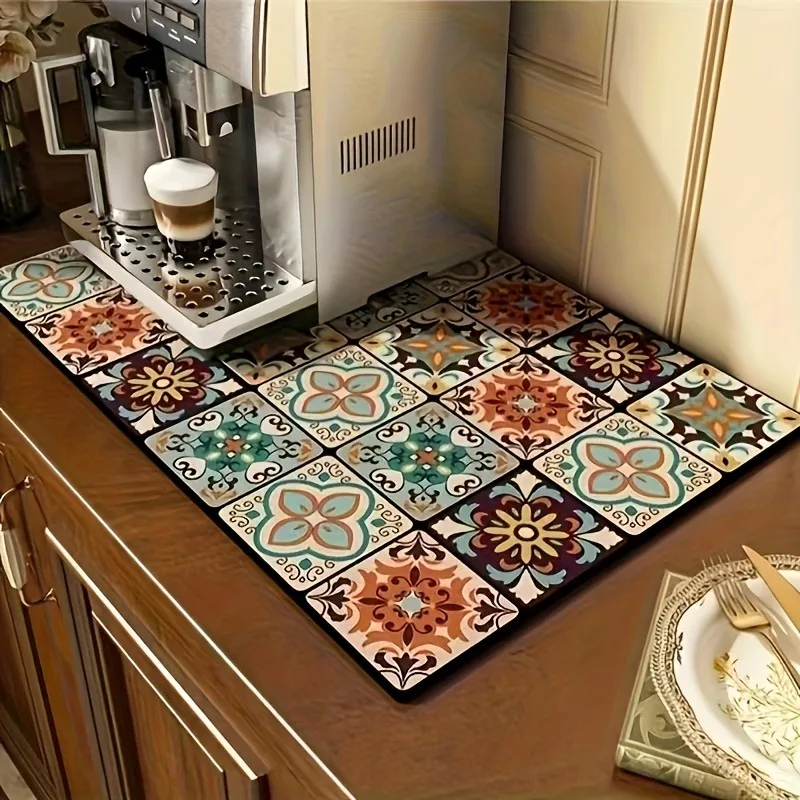 

1pc High Absorbency Quick Dry Bohemian Style Kitchen Drying Mat Heat Insulation Non-slip Faucet Restaurant Coffee Accessories