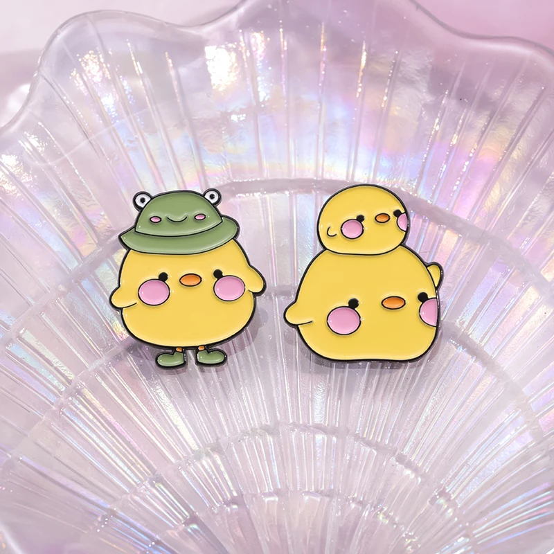 Frog Hat Chick Ducklings Enamel Pins Creative Cartoon Animal Little Duck Brooches Clothes Lapel Badge Accessories Jewelry Gift