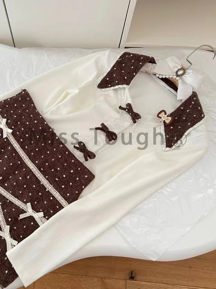 2024 Winter Japanese Y2k Sweet Two Piece Set Women Slim Bow Tops + Polka Dot Skirt New Fashion Fairy Tale Harajuku Kawaii Suits