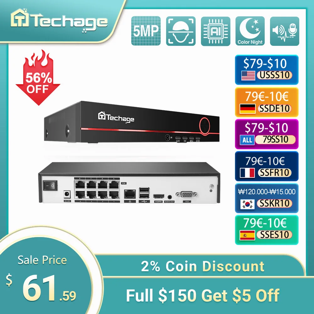

Techage 8CH H.265 4K/8MP/5MP POE NVR CCTV Security Surveillance System for POE IP Camera Network Camera VCR Support Max 14TB