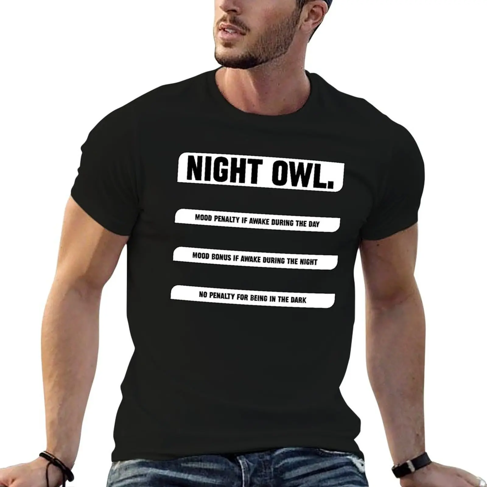 Night Owl trait rimworld meme T-Shirt tees blanks heavy weight t shirts for men