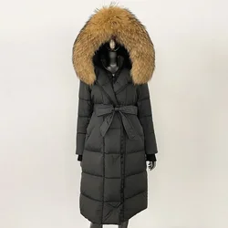 Down Jacket Women Winter Real Natural Fox Fur Hooded Detachable Collar Belt White Goose Down Coat Long Casual Elegant Overwears