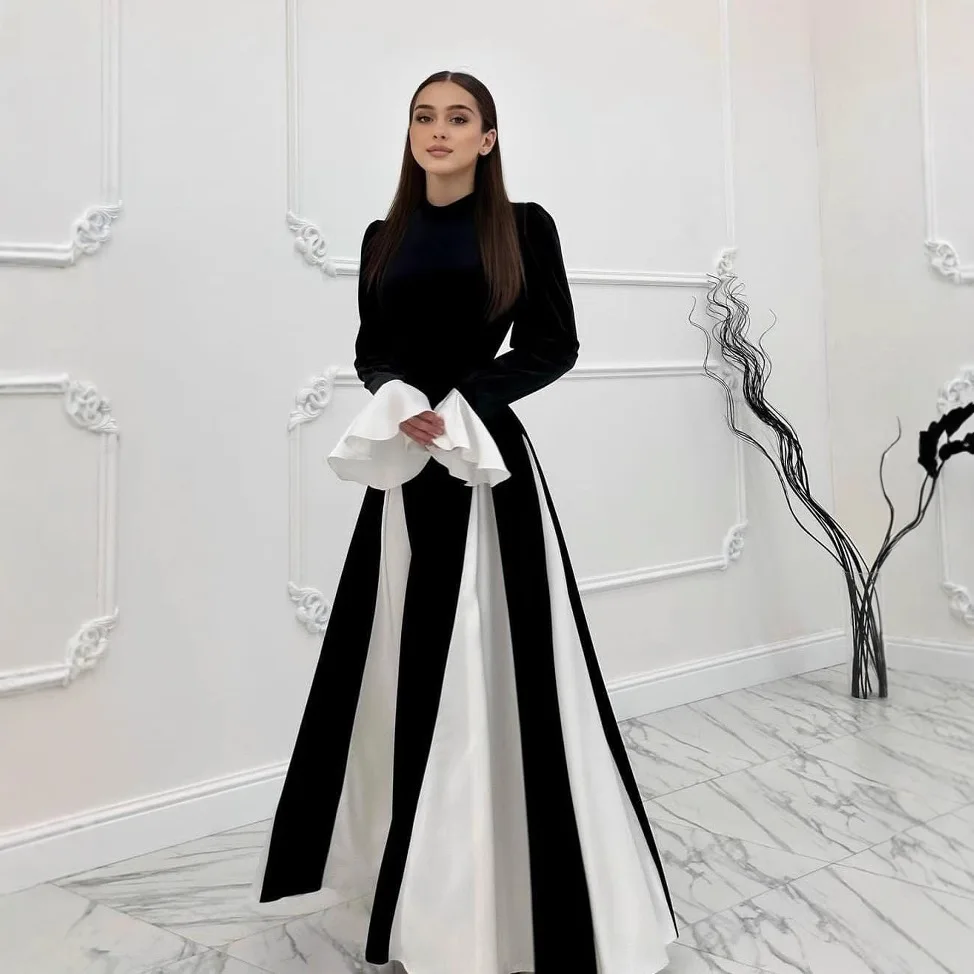 

Black Velvet Patchwork White Long Dresses Women Temperament Elegant Slim Bell Sleeves Evening Dress Socialite Banquet Vestidos