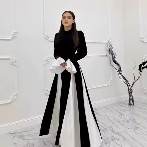 Black Velvet Patchwork White Long Dresses Women Temperament Elegant Slim Bell Sleeves Evening Dress Socialite Banquet Vestidos