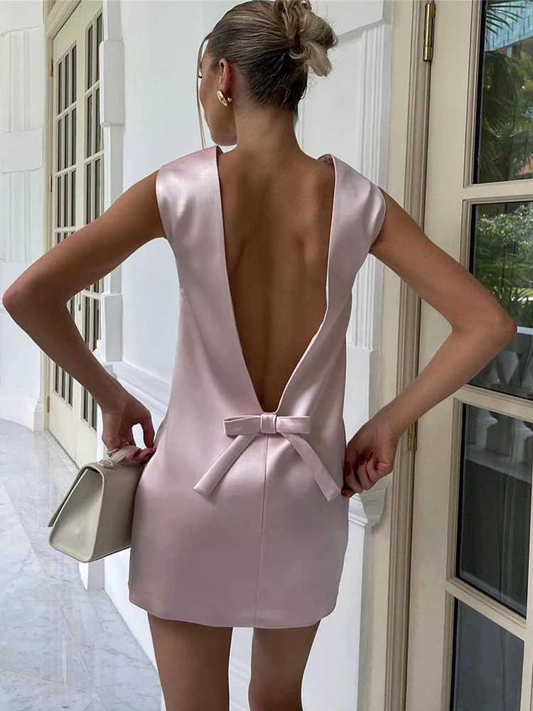 Elegant Stain Bow Backless Pink Dress For Women Party Cute Backless Silk Short Dresses Black Ladies Evening Party Birthday 2025