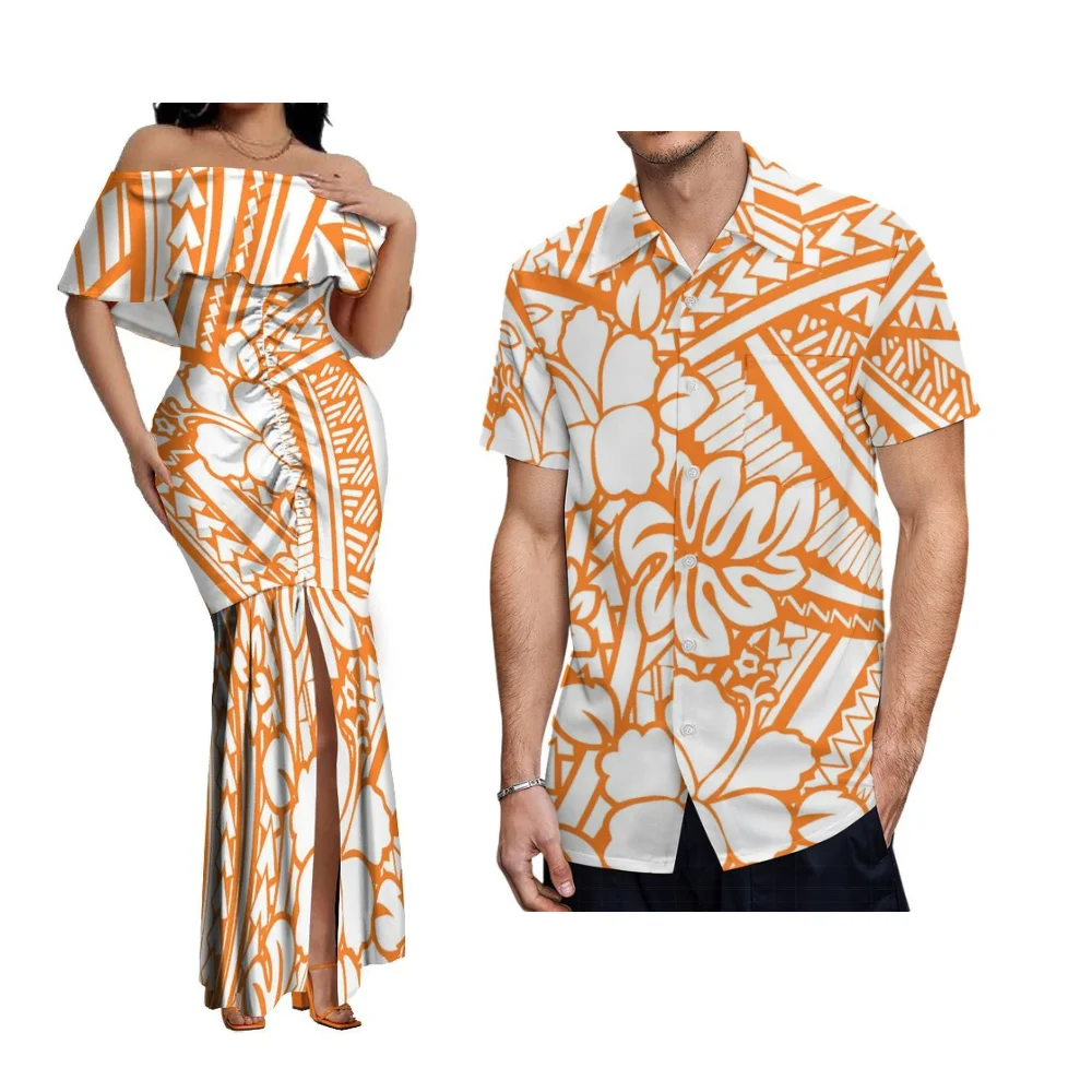 Yellow Floral Couple Set Women Off-The-Shoulder Slim-Fit Floor-Length Fishtail Dress Polynesian Island Samoan Men'S Aloha Shirt