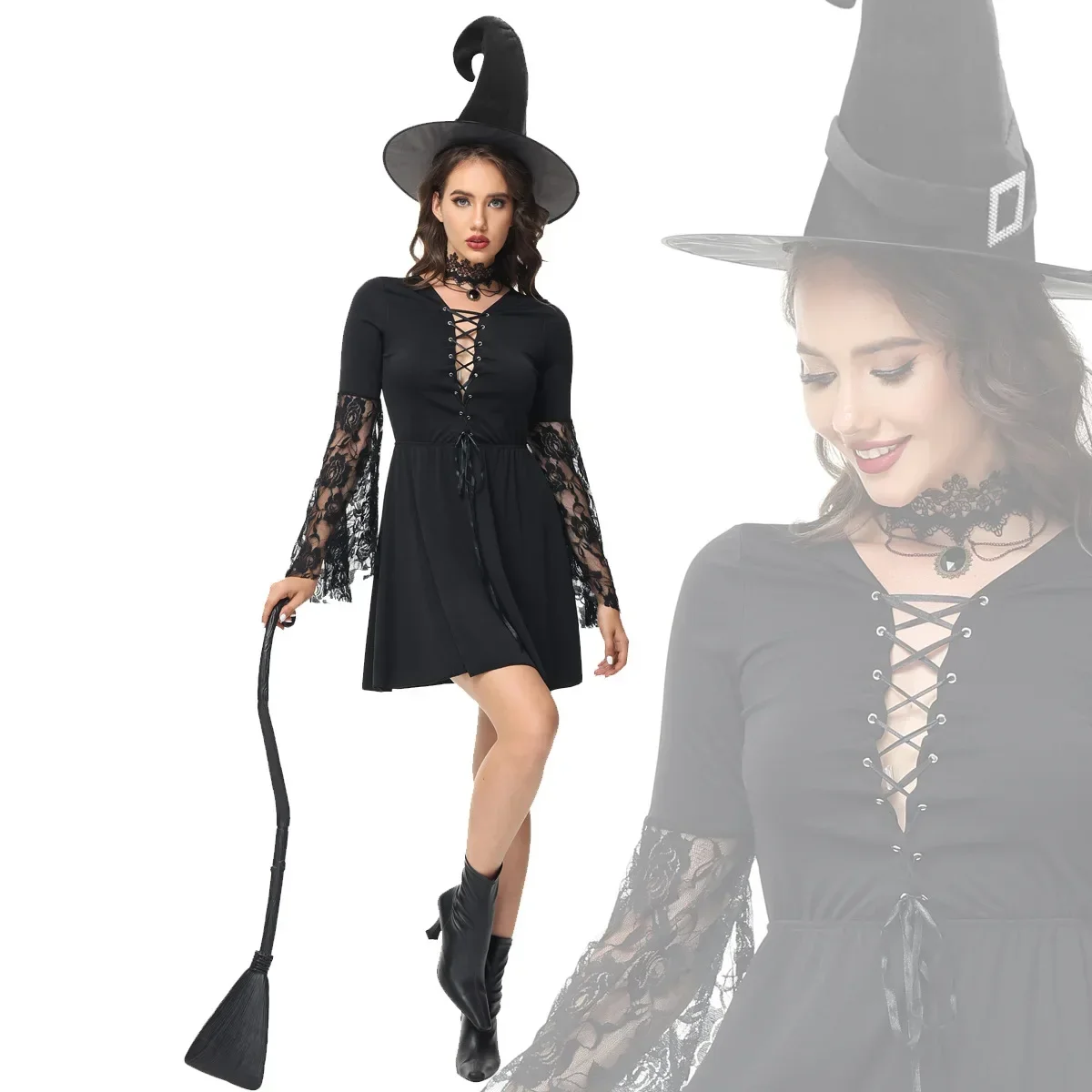 Halloween Cosplay Witch Adult Black Cutout Lace Witch Dress Costume