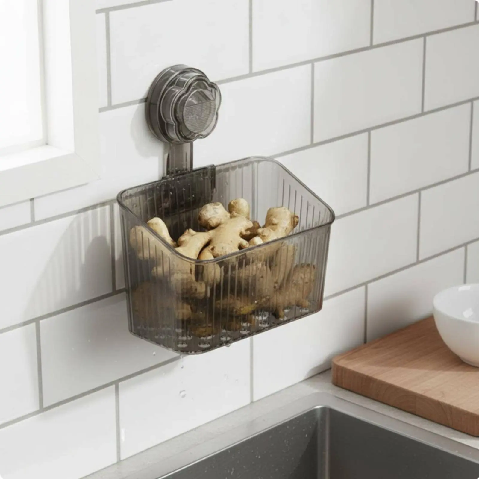 

Suction Holder Storage Basket Strong Load-Bearing Adhesive-Clear Mounting Hanging Basket Draining Storage Bin Reusable