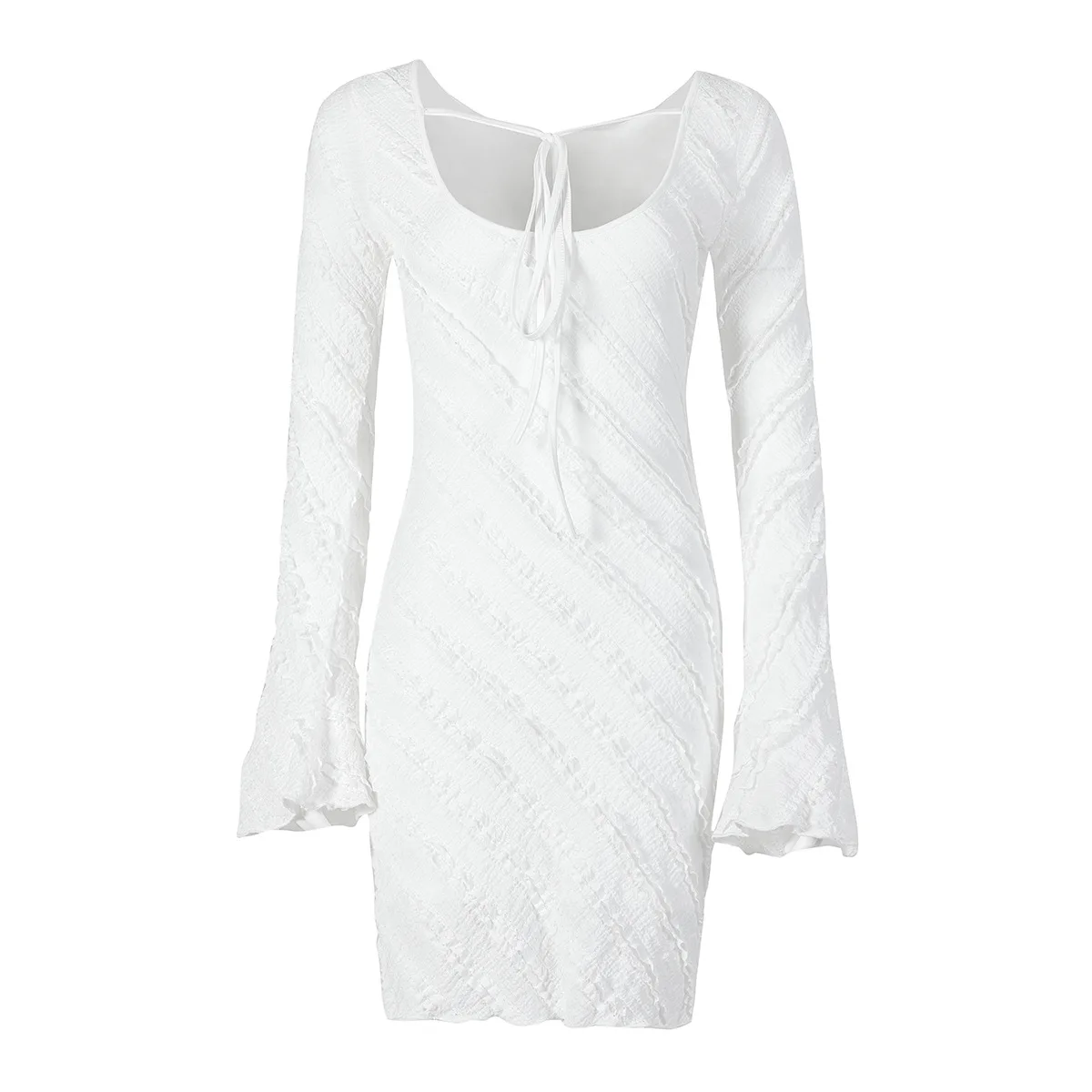 เดรสสั้นทรงเอไลน์แขนระบายแต่งระบายหรูหราสไตล์คริปโทกราฟิกสำหรับผู้หญิง ชุดเดรสลำลองสำหรับฤดูใบไม้ร่วง ดีไซน์ผูกเชือกด้านหลัง