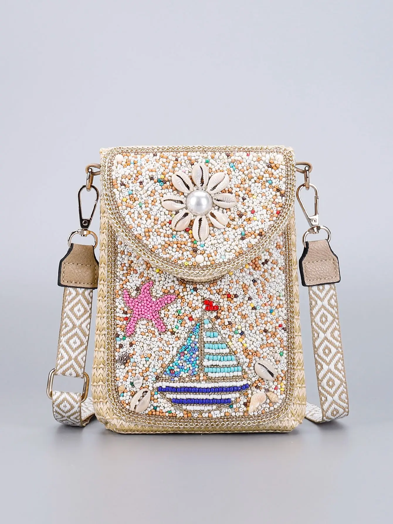 

New Bohemian Style Mini Women Phone Shoulder Bag Handbags Lady Retro Heavy Rice Beads Shell Flower Exquisite PU CrossBody Bags