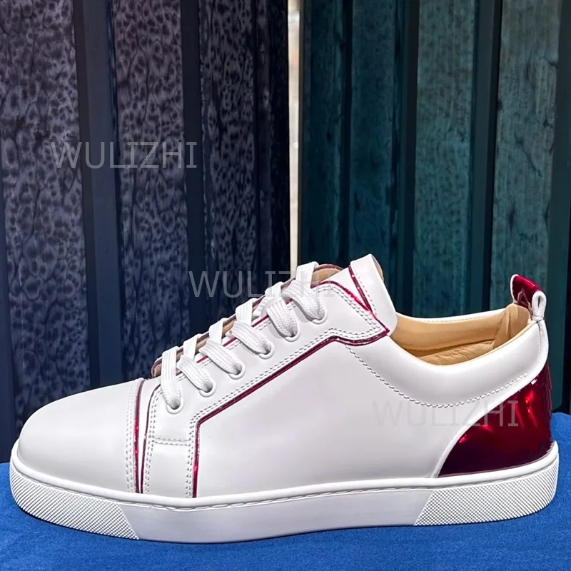 

Red Patent Leather Mirror Back Veneer Sneakers Women White Casual Sports Flats Men Lace Up Couple Tennis Red Rubber Sole Shoes
