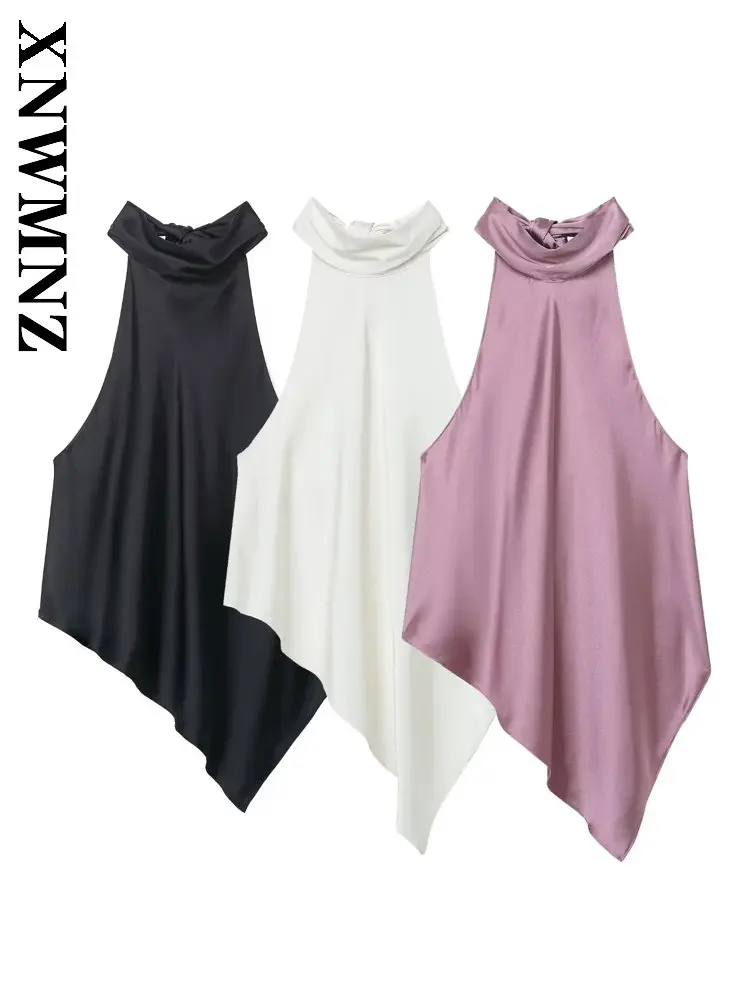 

XNWMNZ 2025 летние новые женские сексуальные модные атласные блузки без рукавов с лямкой на шее и открытой спиной, вечерние шикарные женские праздничные тонкие жилеты с галстуком