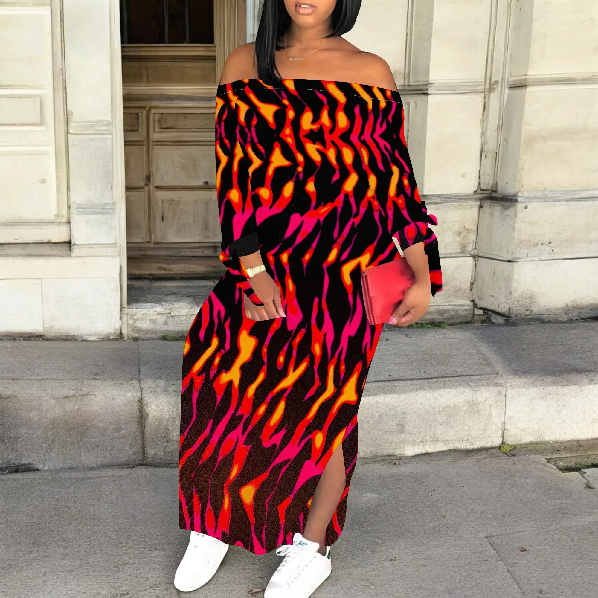 

Women's Flame Print Maxi Dress Sexy Boho Off Shoulder Loose Dress with Slit for Nightclub Party Wear S-3XL