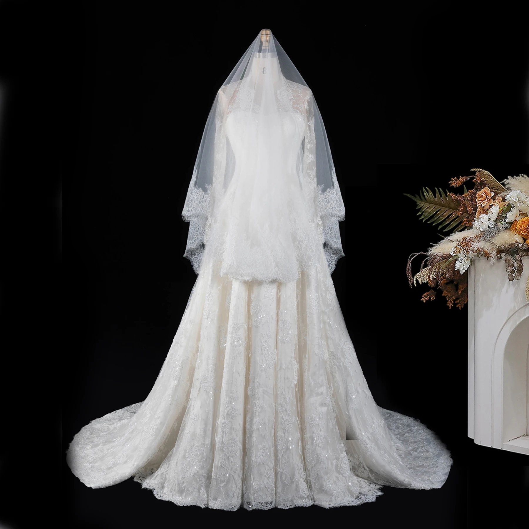 Sharon Said Elegant Off White V-Neck Lace Wedding Dress Pearl Sequins A-Line With Veil For Women Bridal Gown SW672 Customized