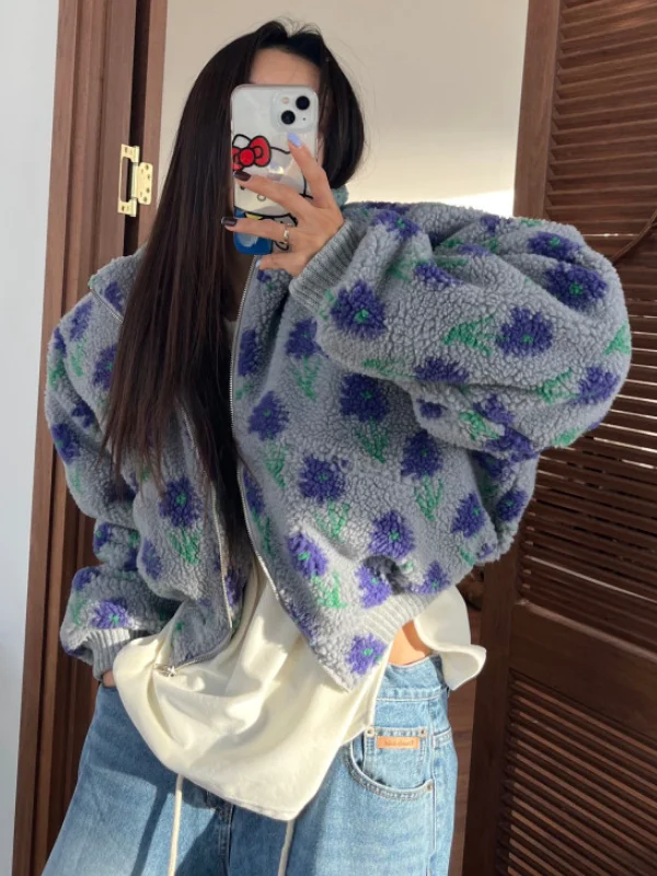 

Korean Sle Loose Fit ort Jaet Women's Cotton Fce Lined Flower Embroidery Jaet Youthful Looking Casual Top