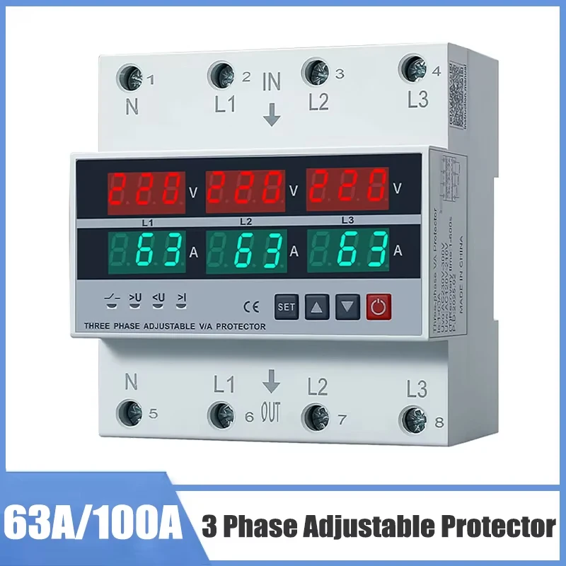 

63A/100A 3 Phase Adjustable Over and Under Voltage Protector Overcurrent Protection Din rail Voltmeter Ammeter Relays Protector