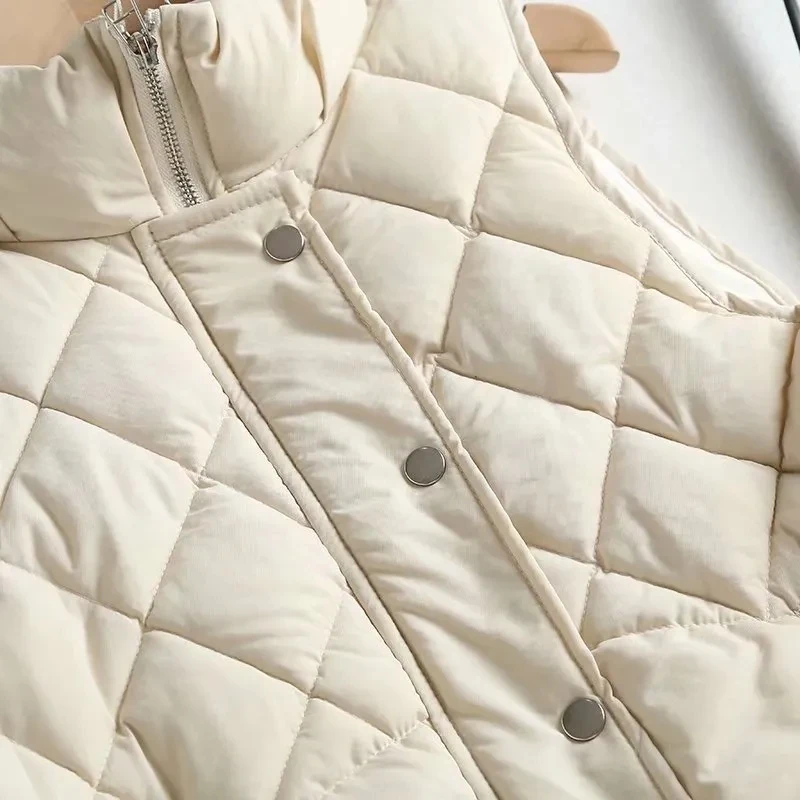 Veste en coton diamant pour femme, col montant, poche zippée, manteau en fibre, gilet chaud, automne, hiver, 2023