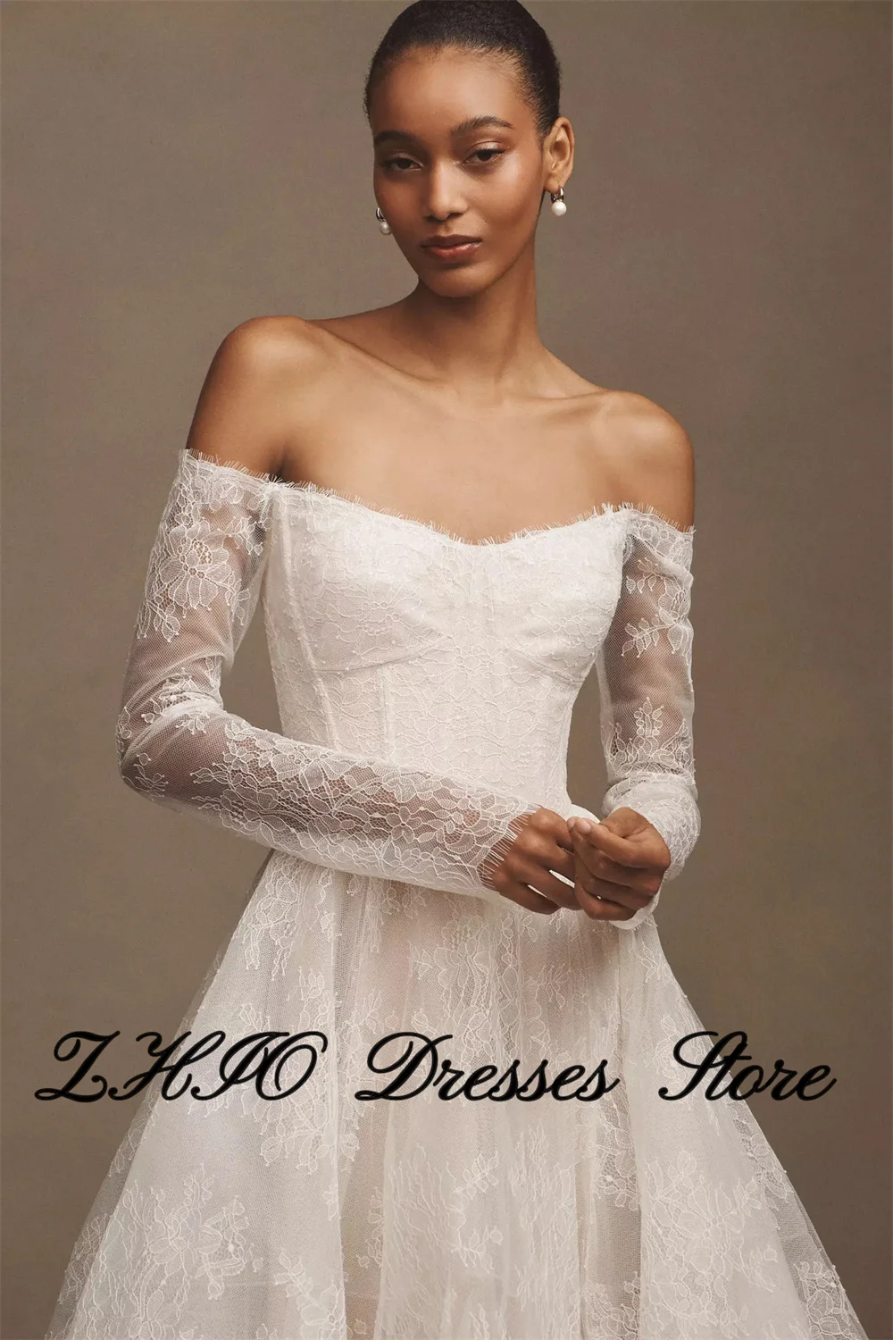 ZHIO Französisch Spitze Appliques Off Schulter Brautkleider Frau Braut Kleider Langarm Neue Kleid Angepasst Vestidos De Novia