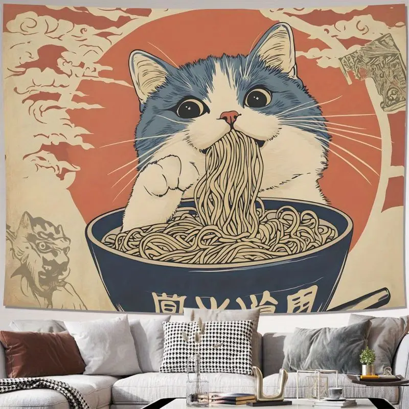 VIKAMA Japanese Ukiyoe Dry Rice Cat Lamian Noodles Vintage Tapestry, Cute Wall Hanging for Cat Cafe Room Decor