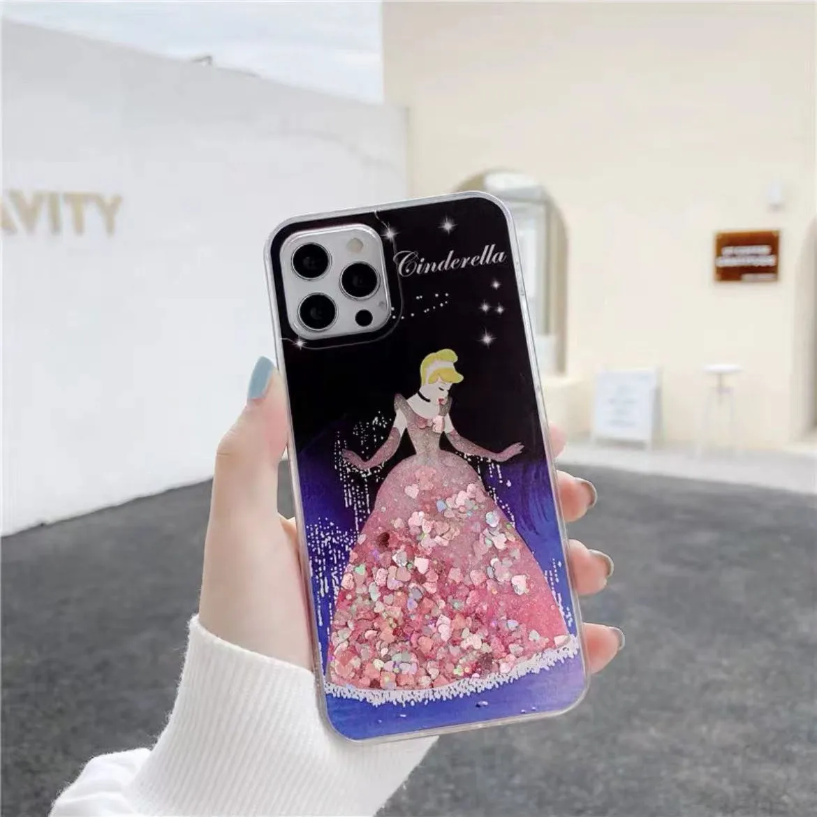 Luxury Pink Love heart Bling Glitter Cinderella Princesses Quicksand case for iPhone 15Pro Max 12 13 11 14 Cartoon Shell