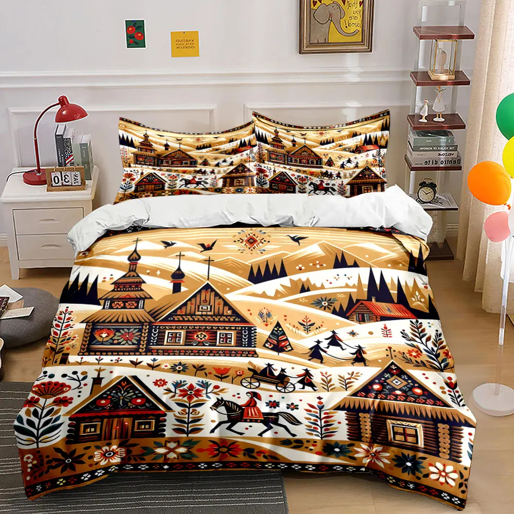 Winter countryside in folk art Bedding Set for Kids Luxury Gift 3pcs Digital Print Comforter Set Soft Comfortable Breathable