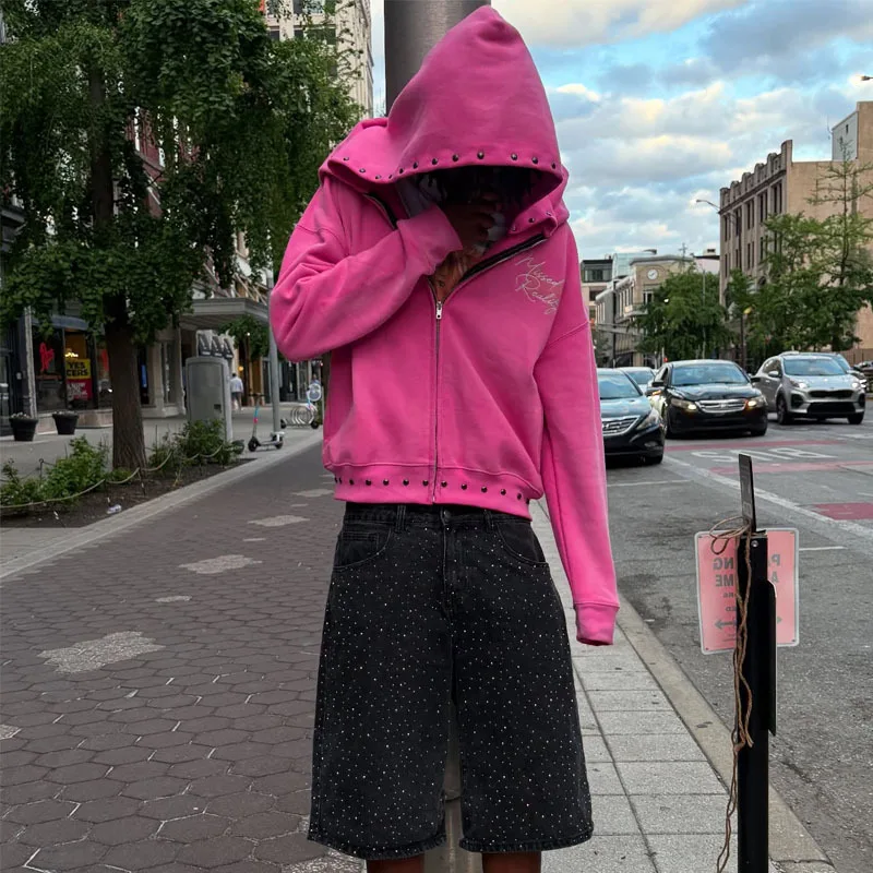 الوردي بيرم حبة إلكتروني التطريز الخريف والشتاء جديد y2k الأمريكية الرجعية شارع العليا الهيب هوب شخصية عارضة المرأة هوديي