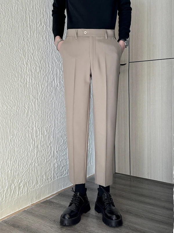 

Men's Business Casual Pants Slim Fit Nine-Piece Thin Style Anti-Wrinkle Side Buttoning Brown West Suits Long Trousers