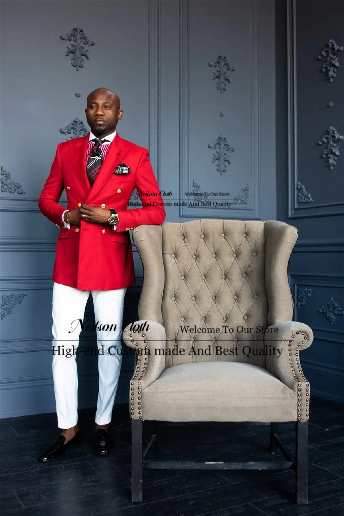 

Red Jacket White Pants Male Prom Blazers Peaked Lapel Groom Wedding Tuxedos 2 Pieces Sets Customized Terno Masculino