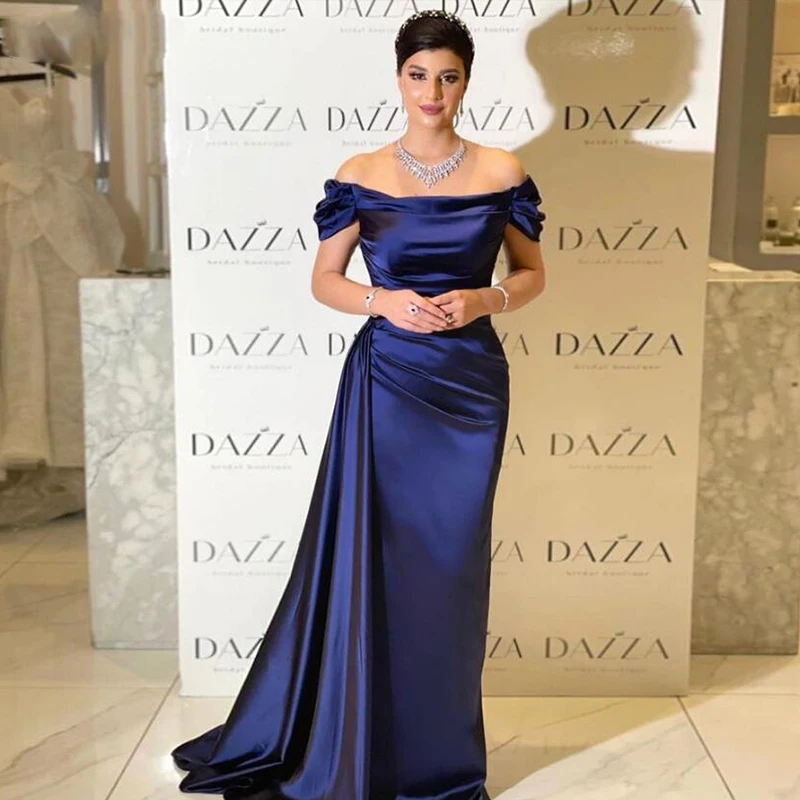 

Elegant Navy Blue Prom Dress 2022 Formal Women Gowns Party Boat Neck Short Sleeve Satin Evening Gowns Long Robe De Soiree