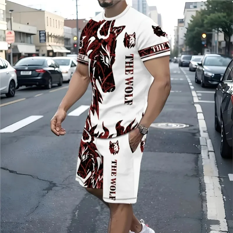 

Summer Men's Tracksuit Wolf 3D Print Men's Short Sleeve T-shirt Suit Casual Set Streetwear Male Clothing Shorts 2 Pieces Outfits