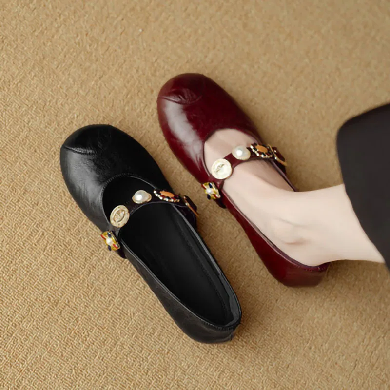 高品質でおしゃれなシングルシューズ、レディース用ソフトレザーフラットボトムレトロラインストーンバレエメリージェーンシューズ