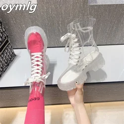 Botas transparentes con cordones para mujer, botines de suela gruesa con esponja roja, a la moda, otoño e invierno, 2022