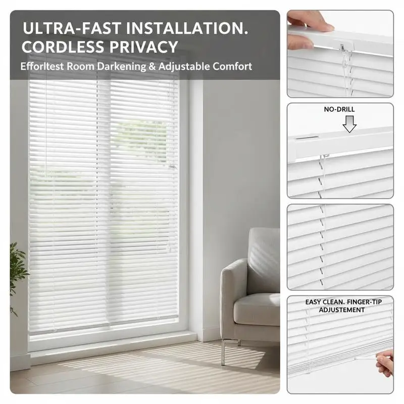 

Cordless Horizontal Window Shades, 43.3" W x 48" H, 1" Slats For Home Office Bedroom Living Room, No-Drill Installation Adjus