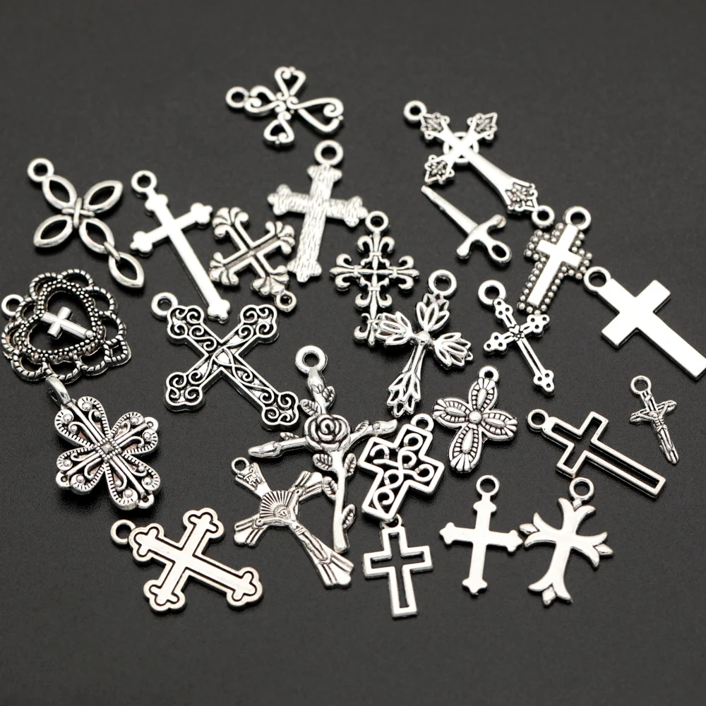 30/pcs Vintage Mixed Metal Crucifix Cross Charms Beads Handmade DIY Bracelet Pendant Necklace Clips Jewelry Making Findings