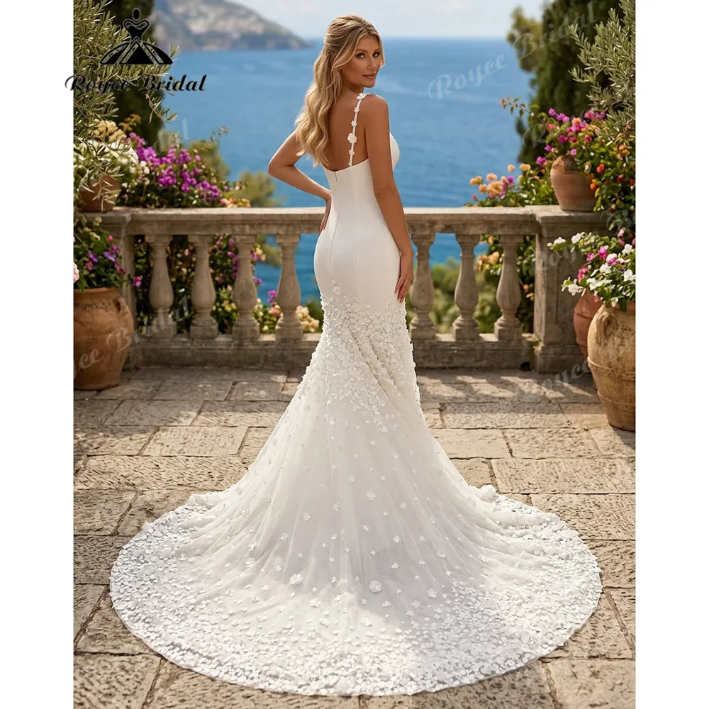 Mermaid Wedding Dress Square Neck Detachable 3D Floral Strap Satin Bodice Tulle Skirt 3D Flower AppliquesVestido De Novia Custom