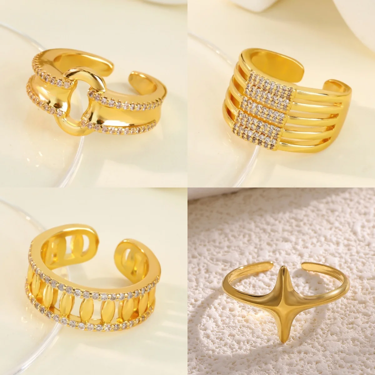 Minimalistischer geometrischer Damenring, 18 Karat vergoldet, Zirkonia, einfacher mehrschichtiger Jubiläums-Schmuckring, kostenloser Versand