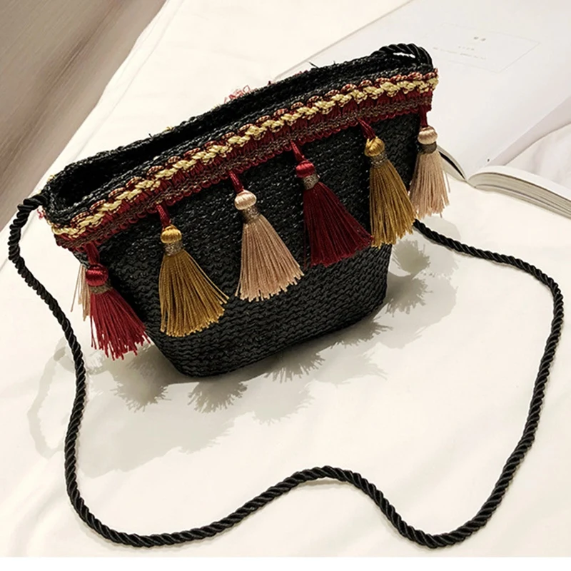 Rattan Tassel Coin Purse para Mulheres, Diagonal Crossbody Bag