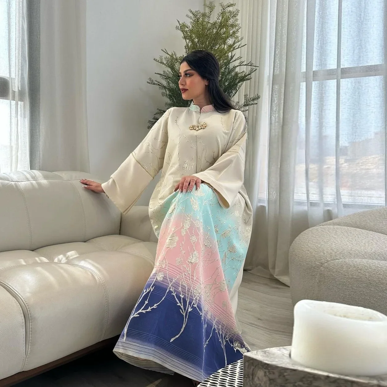 2024 New Fashion Muslim Women Embroidery Ombre Print Long Dress Abaya Dubai Turkey Kaftan Islam Jalabiya Robe Party Gown Abayas