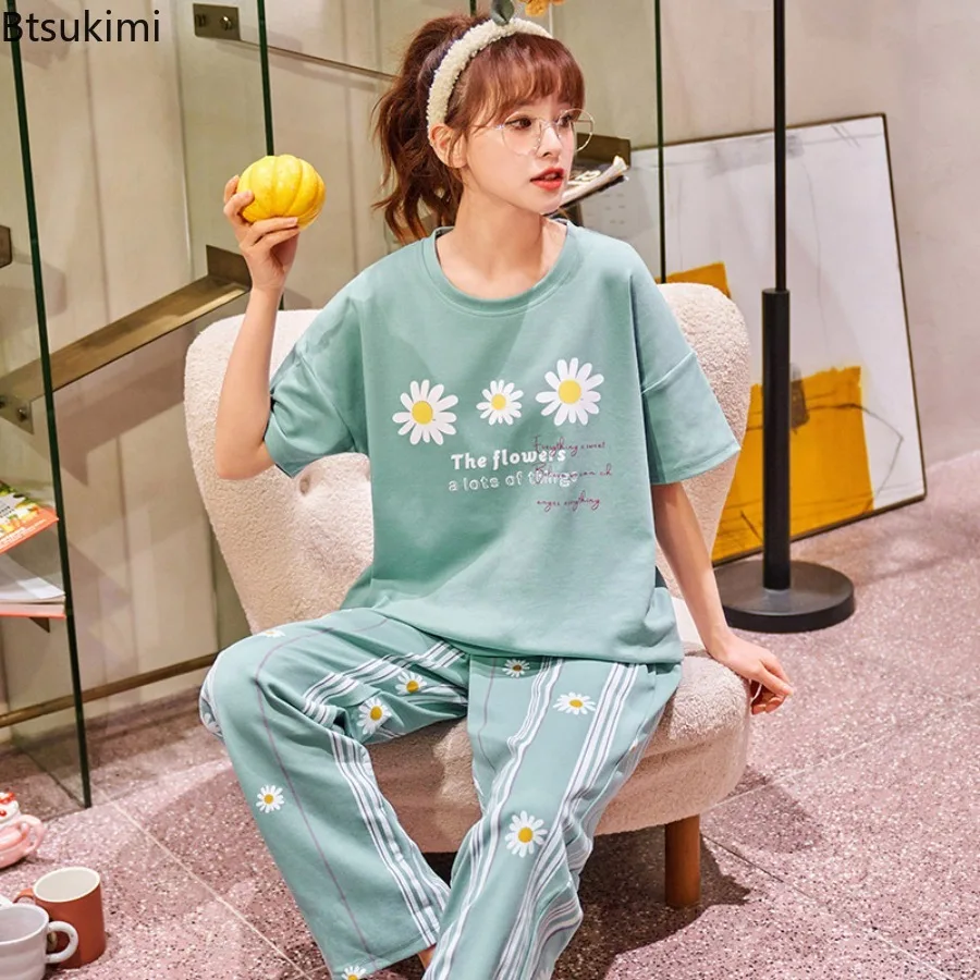 

New 2025 Summer 100% Cotton Pyjamas Set Short Sleeve Printed Pajamas Set Casual Shorts T-Shirt Sleepwear Nightwear Set for Women