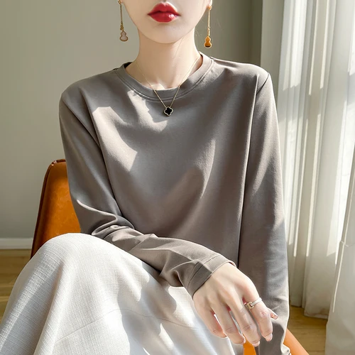 Imagen 1 del producto Camiseta de manga larga de algodón 100% para mujer, camisa de fondo de algodón mercerizado con cuello redondo, Top holgado, primavera y otoño