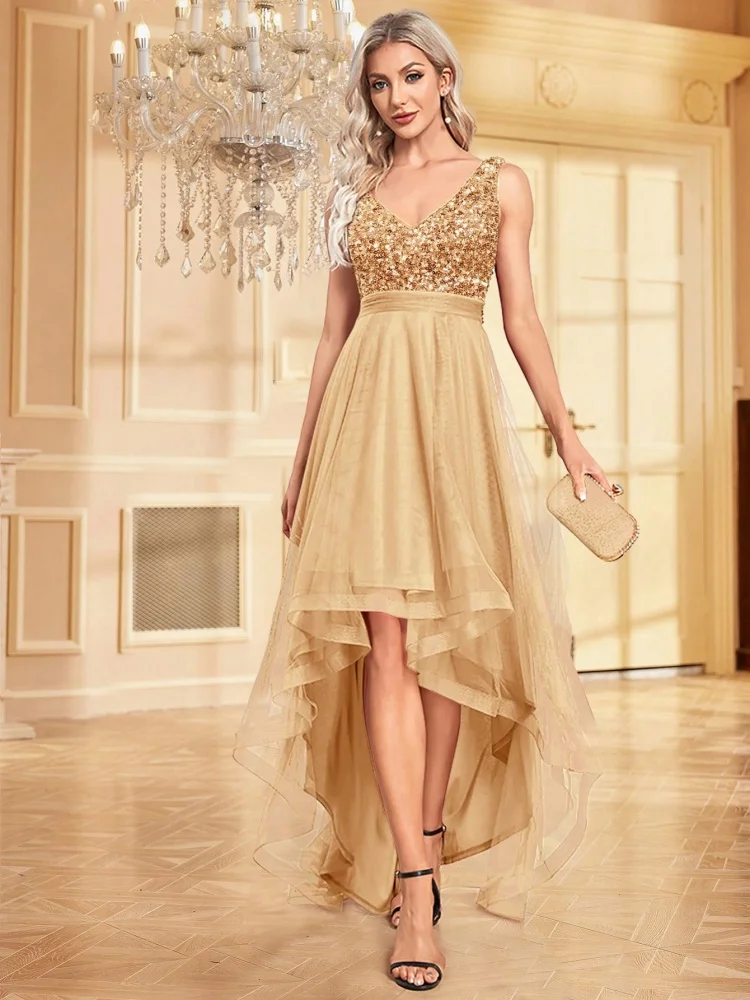

Elegant Women Sleeveless Sequins Floor Length Formal Evening Dresses Luxury V-neck Wedding Party Cocktail Gowns Customized New