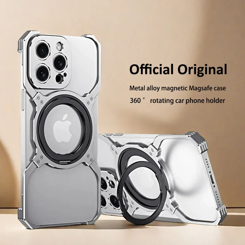 

Metal Aluminum Alloy Case for iPhone 15, 14 Pro Max, 360 ° Rotating Bracket, Magnetic, Magsafe, Rimless, Shockproof Protection
