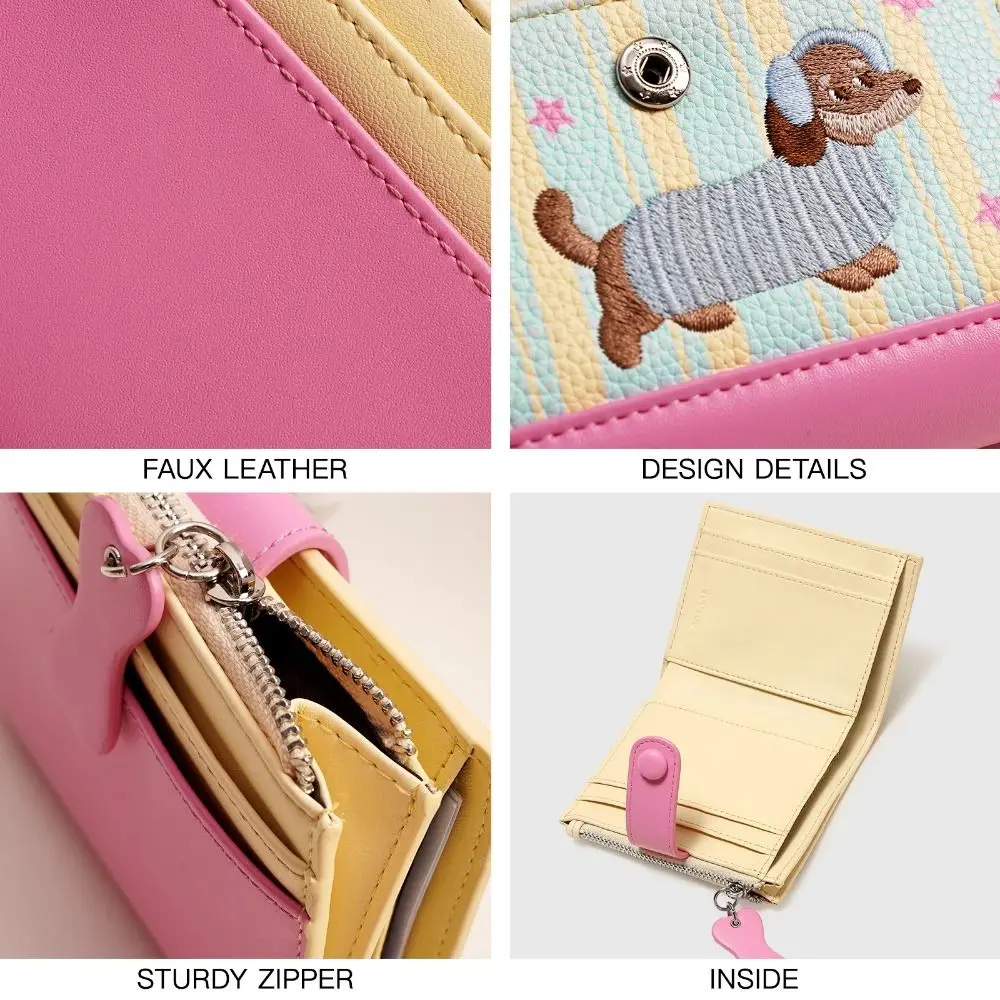 Dopamine Color Dachshund Embroidery Coin Purse Pouch Card Bag Cartoon Pu Wallet Korean Style Zipper Small Item Bag Outdoor