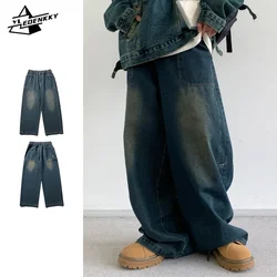 Harajuku Washed Jeans Men Women Hip-hop Distressed Straight-leg Denim Pants Street Vintage Loose Wide-leg Trousers Casual Unisex